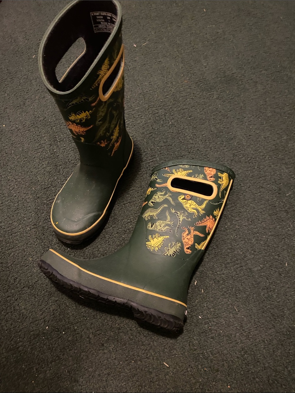 Bogs Dark Green Kids Rain Boots with Yellow Dino Accents